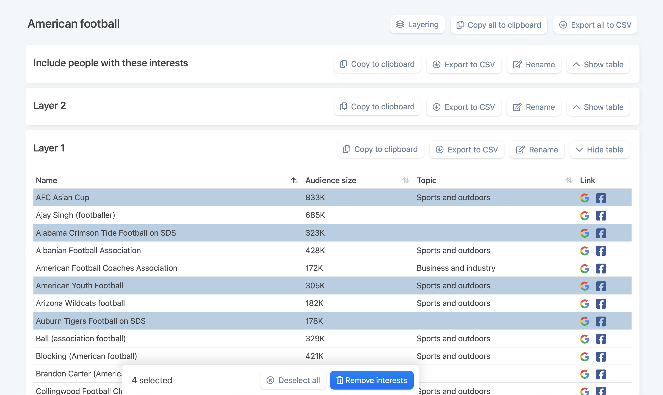 interestinsights remove interests from layers and projects