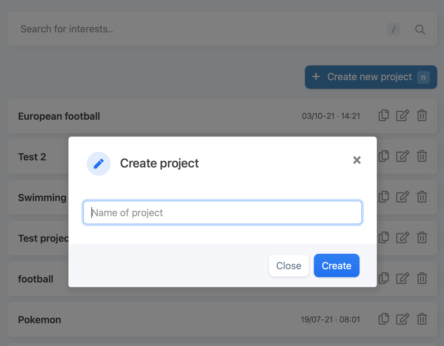 interestinsights creating a project through the projects page