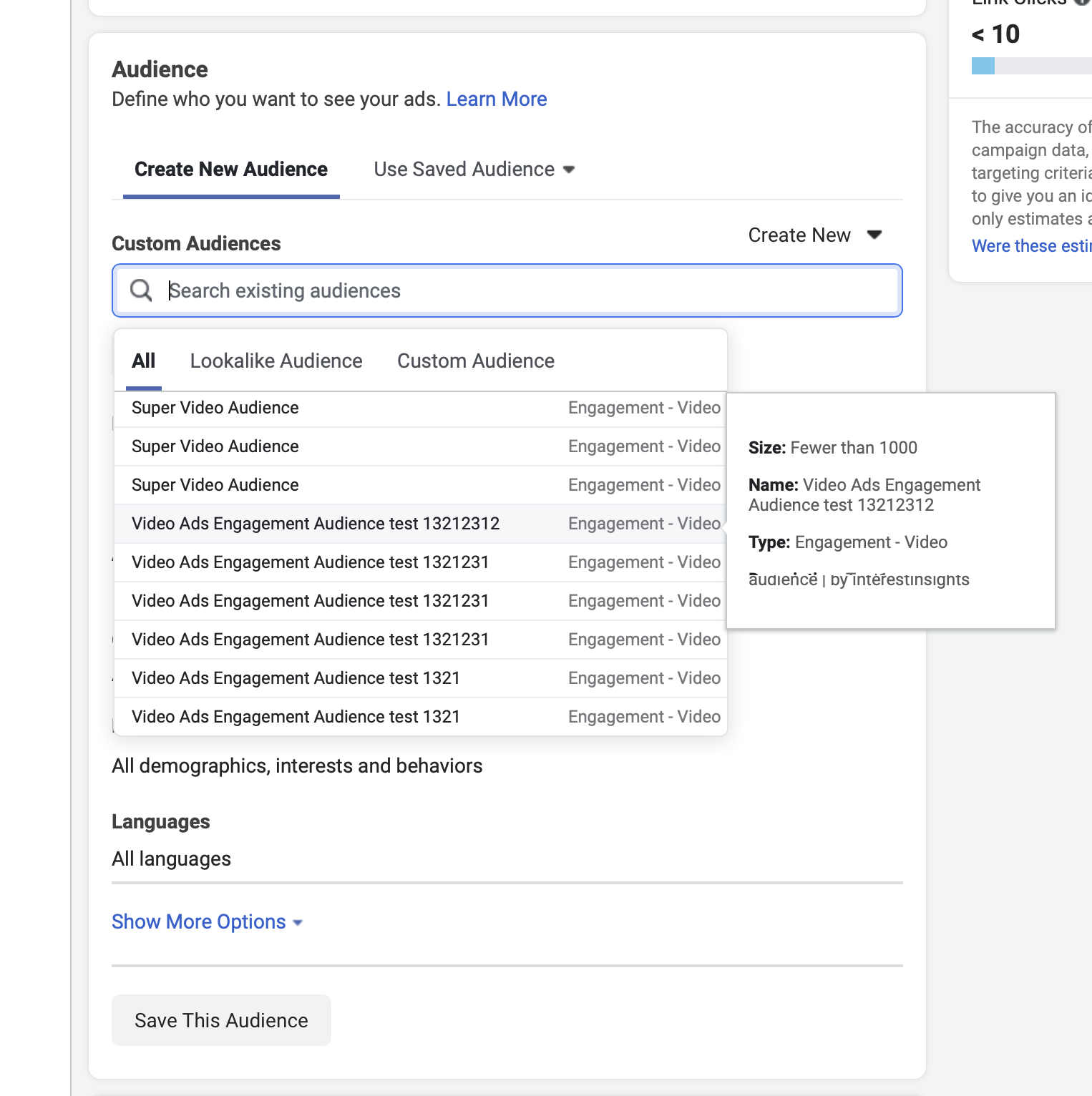 interestinsights select audience in Facebook Ads Manager